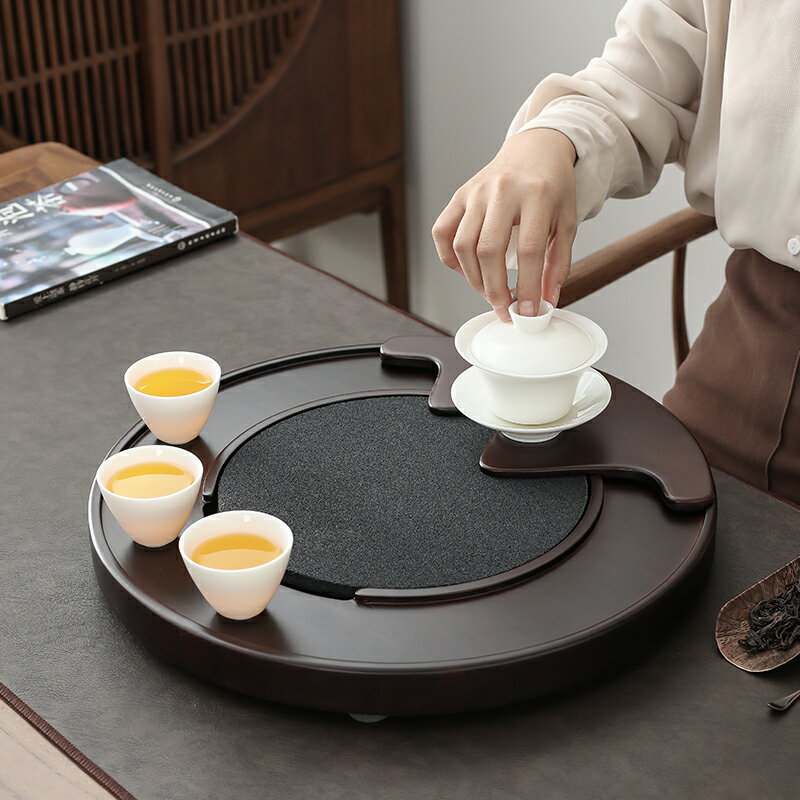 晟窯重竹茶盤日式創意家用排水儲水茶托盤圓形干泡茶臺石頭大茶盤