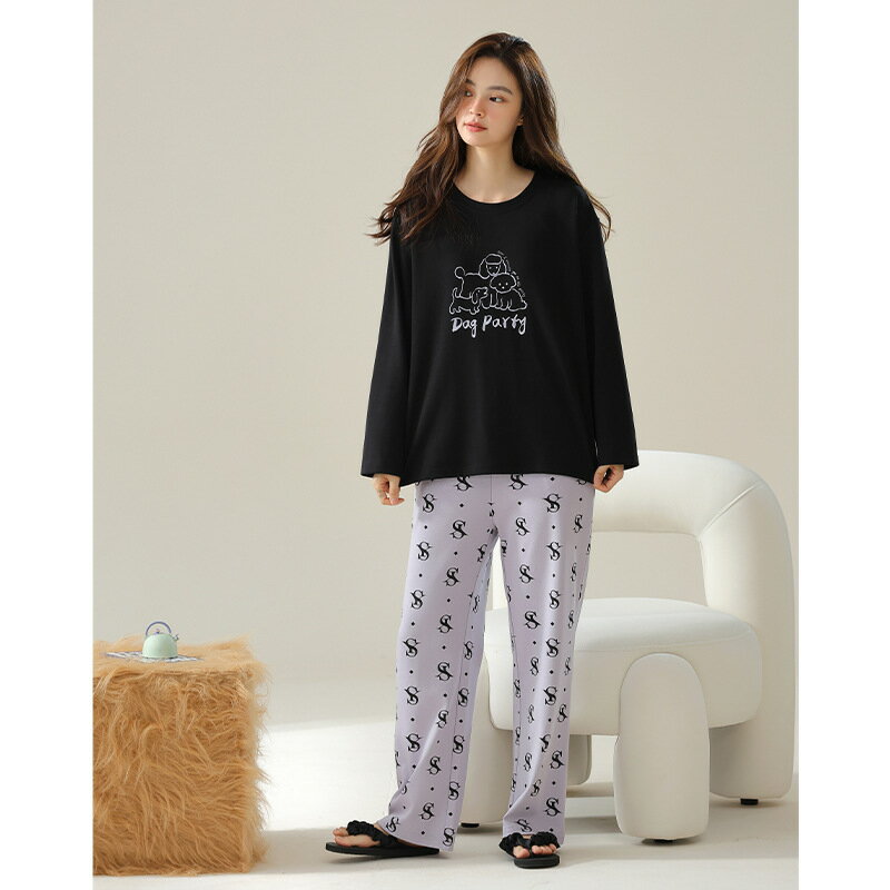【巴黎精品】現貨+預購 女居家睡衣套裝長袖休閒服秋冬睡袍睡褲-純棉圓領印花T恤女休閒服w1ad89