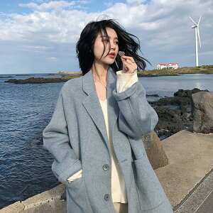 2020新款女秋冬流行韓版中長款外套小子霧霾藍雙面羊絨毛呢大衣