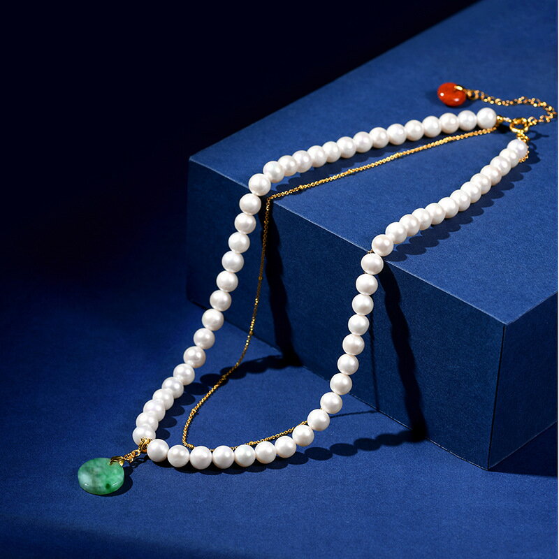 【巴黎精品】珍珠項鍊翡翠吊墜-7.5mm南紅平安扣鍍金女飾品p1ax4