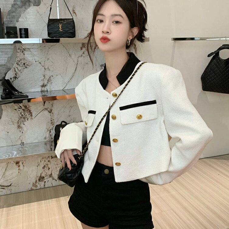 FUXI 小香風外套女 短版外套 高階感撞色立領寬鬆長袖上衣 夾克外套 白色外套 女裝 衣服