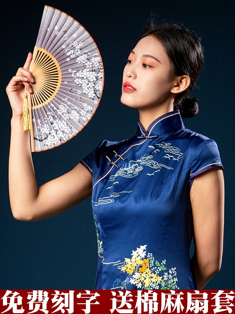 中國風女式折扇日式扇子絹綾和風工藝折疊日用跳廣場舞便攜女扇