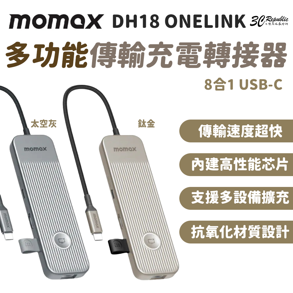 Momax DH18 ONELINK 8合1 USB-C 多功能 傳輸 充電 轉接器 讀卡器 TF卡 SD卡