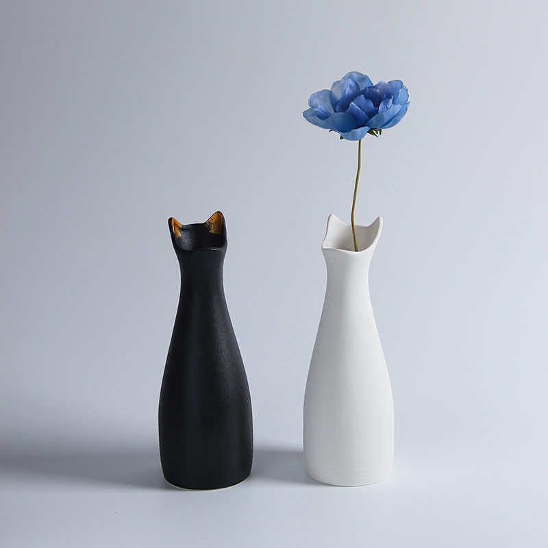 花瓶 輕奢貓咪造型北歐白色陶瓷干花花瓶水養創意簡約家居裝飾擺件插花