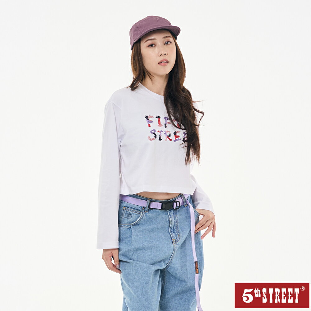 女裝 薄長T 長袖 t恤 TEE 上衣 短版 純棉 亂針繡花 白色 (561001)【5th STREET】【年貨節全館390起】 治裝激推 最高折426