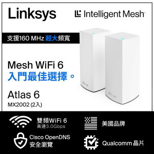【最高22%回饋 5000點】Linksys Atlas 6 Hero AX3000雙頻 Mesh WiFi6網狀路由器(兩入)