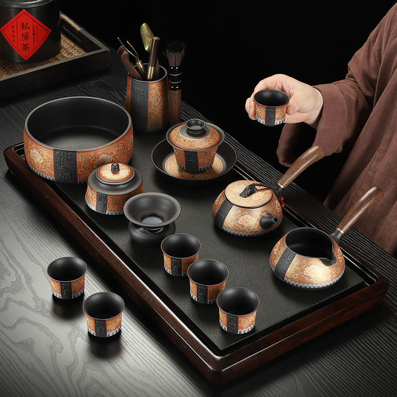 中式茶具 紫砂功夫茶具套裝一整套家用黑檀側把壺茶杯茶道泡茶壺全套