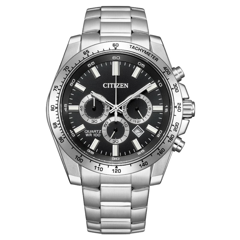 CITIZEN星辰 AN8230-59E 紳士三眼計時不鏽鋼時尚腕錶 黑 44mm｜樂天全館特惠中★指定刷卡回饋10%