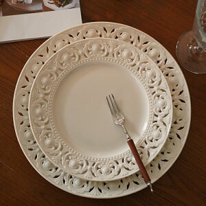 法單 出口歐式宮廷風雕花陶瓷西餐盤 鏤空浮雕復古牛排盤餐桌擺盤