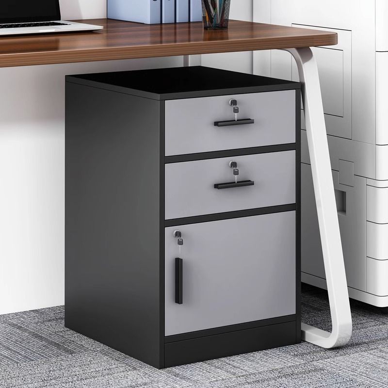 辦公櫥櫃 文件櫃辦公室帶鎖抽屜櫃簡約現代儲物櫃木質邊櫃桌下收納櫃矮櫃子-快速出貨
