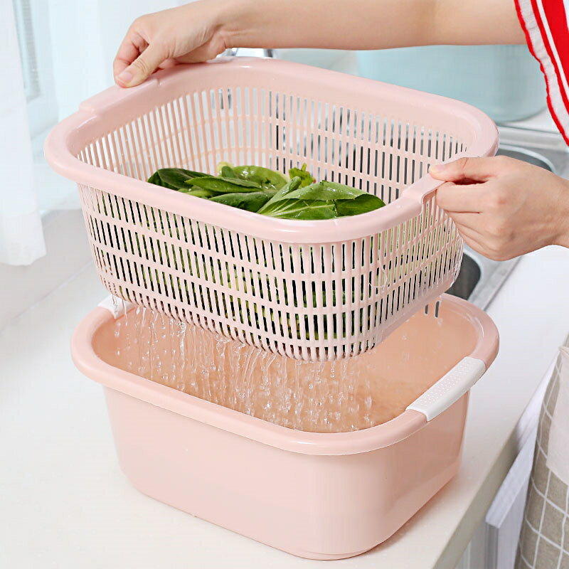 洗菜藍子瀝水籃廚房雙層洗菜盆水果筐過濾加厚塑料收納籃大號方形