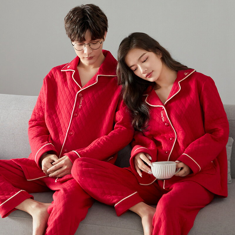 秋冬新款睡衣女紅色結婚家居服夾層加厚空氣棉開衫純棉保暖套裝男