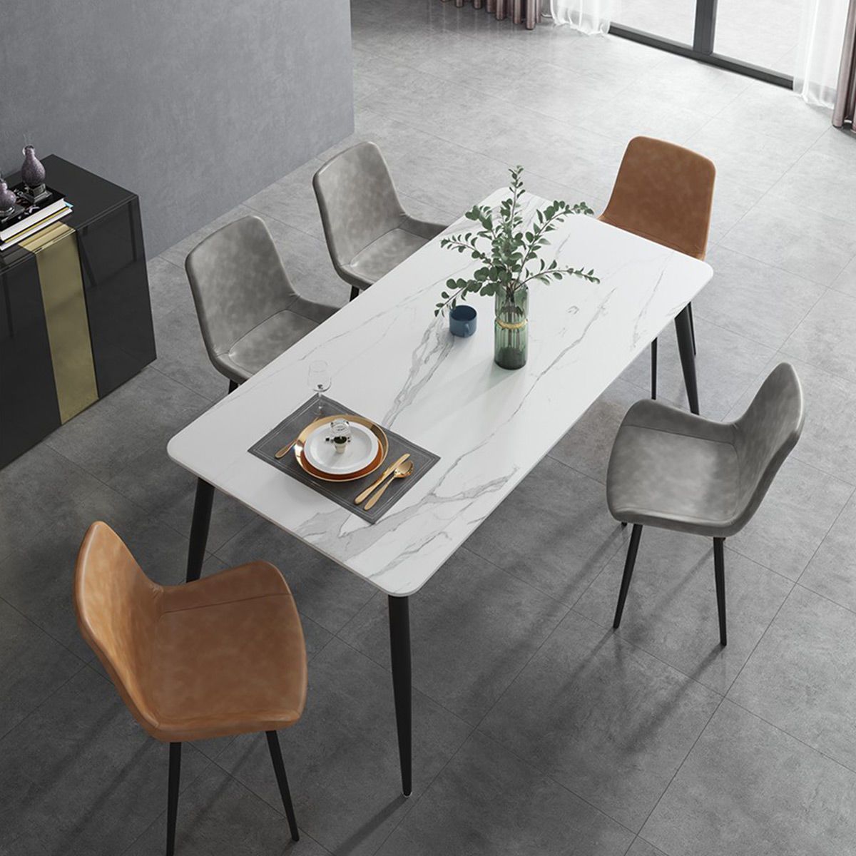意式輕奢巖板餐桌家用小戶型長方形飯桌北歐大理石餐桌椅組合
