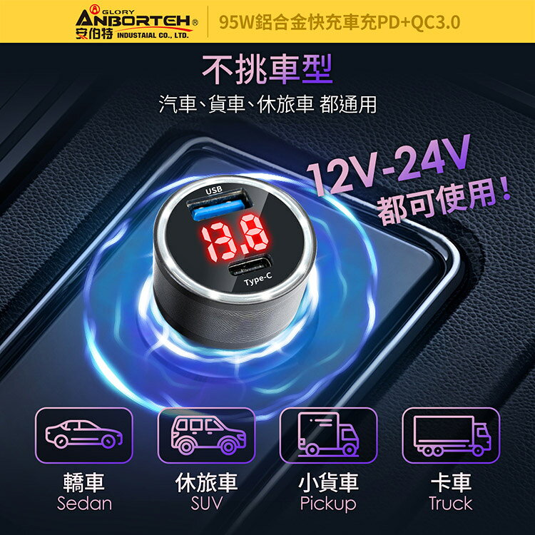 【安伯特】酷電大師 95W鋁合金快充車充PD+QC3.0 (12V/24V皆可使用 過充保護) 8
