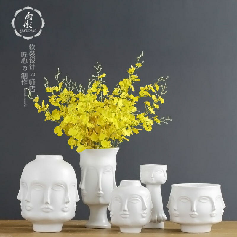 輕奢陶瓷花瓶人臉擺件樣板房家居客廳插花擺設設計師軟裝飾品創意