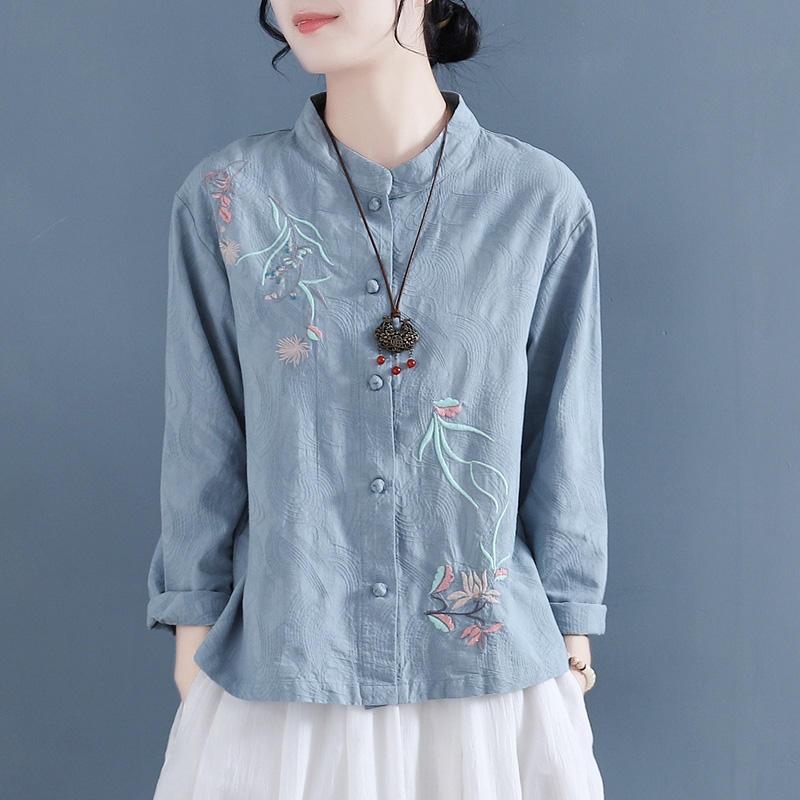 國風刺繡棉麻襯衫寬版打底亞麻上衣春復古盤扣長袖立領茶服【倪醬】