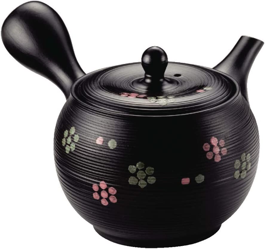 日本製 常滑燒 急須 1-127 春秋 18号 黒袋千段二色花紋 急須壺 (320ml)