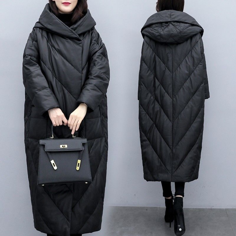 快速出貨/羽絨外套 長大衣 黑色中長款皮衣羽絨服女新款冬裝韓版寬松時尚加大碼加厚外套