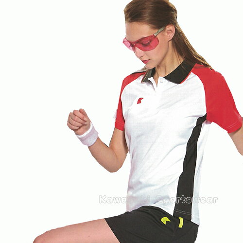 【日本 Kawasaki】女版運動休閒吸濕排汗短POLO衫-白紅#KW2238A(排汗衫)
