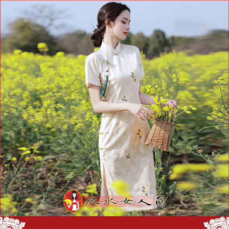 美麗優雅蕾絲中長旗袍復古民國風經典氣質名媛改良式時尚修身顯瘦短袖日常洋裝-巧笑倩兮-水水女人國