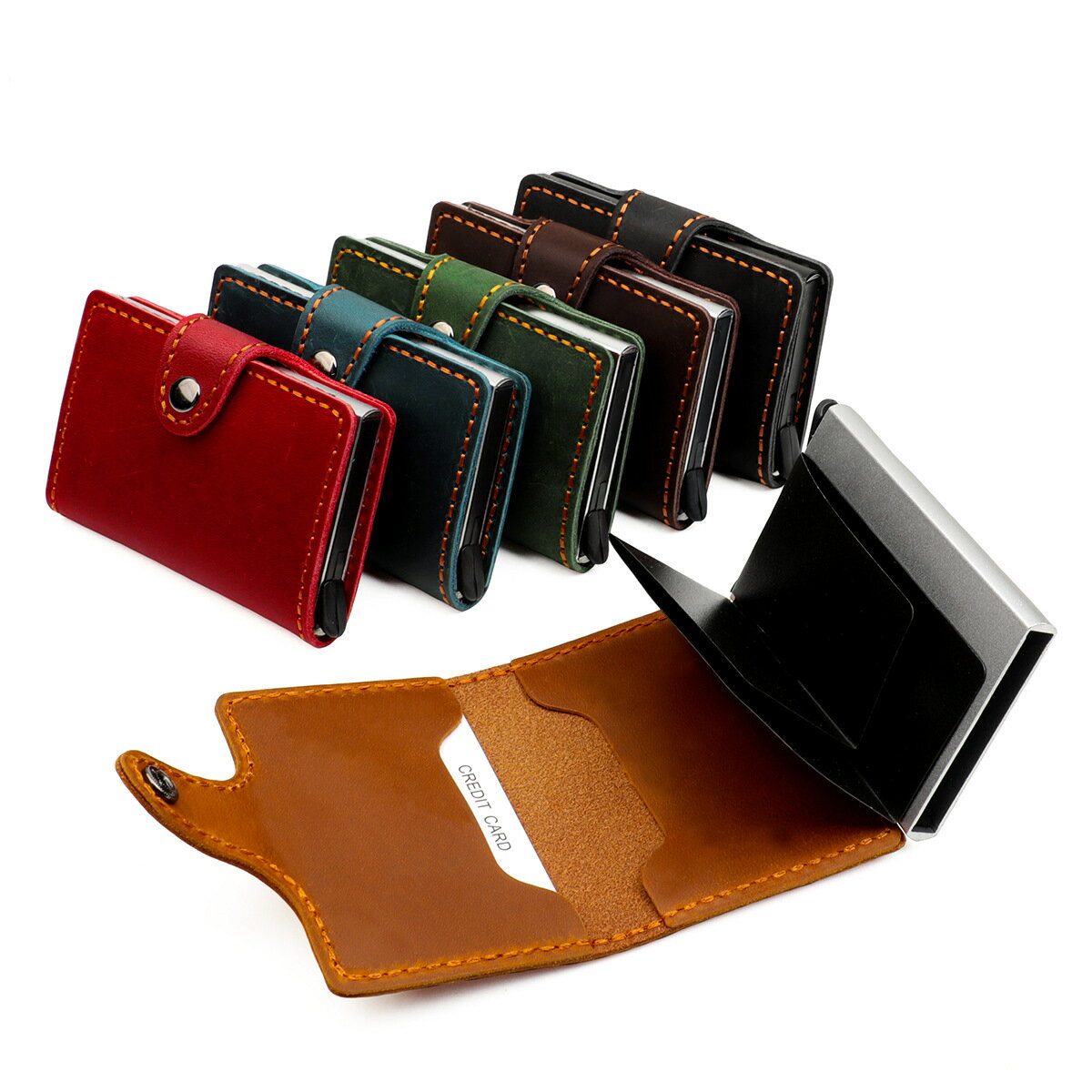 【喜挖】歐美復古瘋馬皮自動鋁盒卡套自動彈出防消磁卡包