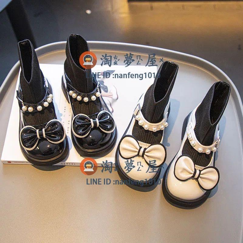 女童小皮鞋秋季兒童黑色小皮靴春季小女孩洋氣公主鞋襪子靴【淘夢屋】
