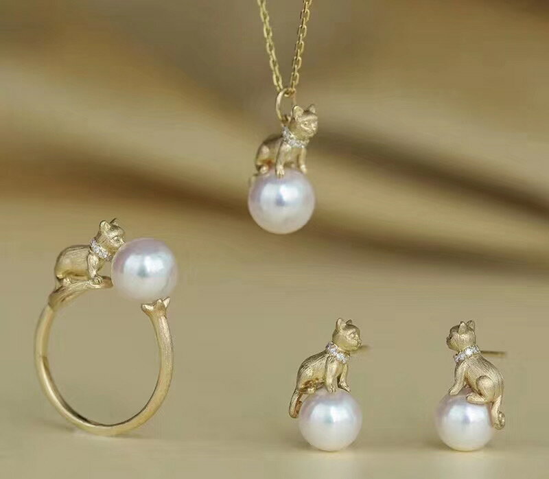 DIY配件 s925純銀三件套裝可愛小貓咪吊墜耳釘戒指珍珠空托飾品