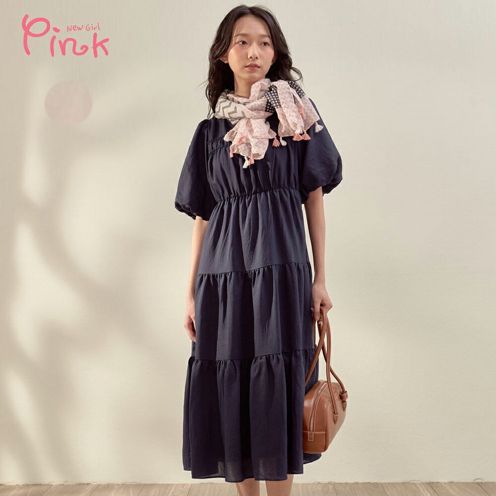 Pink*優雅澎袖造型洋裝 (2色) Y2102AD