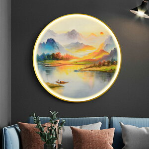 新中式手繪日出山水玄關裝飾畫油畫圓形燈發光畫現代客廳掛畫壁畫