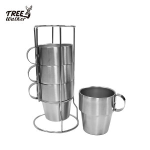 【Treewalker露遊】304不銹鋼咖啡杯(含架)4入 居家 露營 咖啡杯 花茶杯 套杯組