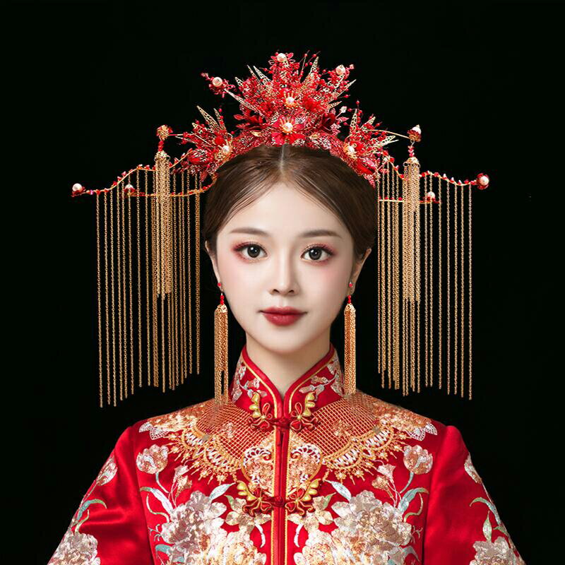 秀禾新娘結婚頭飾新款中式套裝發飾流蘇鳳冠古裝秀禾禮服飾品