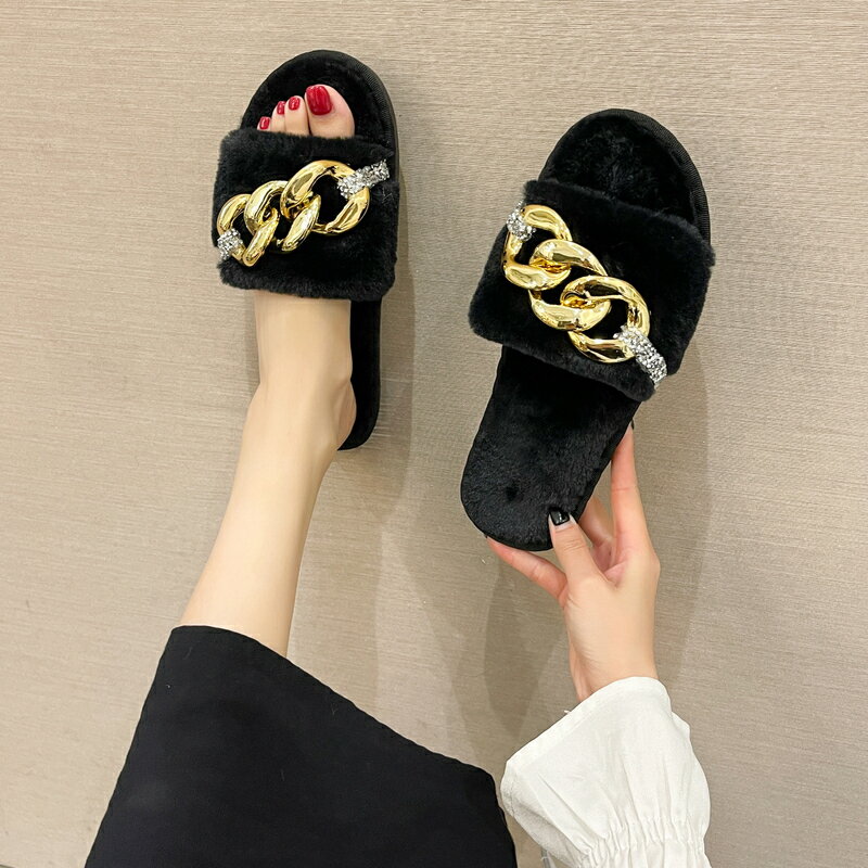 潮牌經典時尚毛茸茸拖鞋女室內新款秋冬防滑家居棉拖鞋毛毛拖
