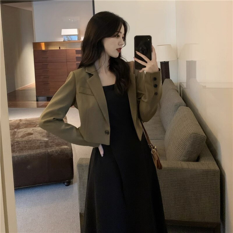 【巴黎精品】現貨+預購 休閒套裝無袖裙裝-氣質開岔小黑裙+短版西裝外套女裝咖色西裝+吊帶裙色w1af57