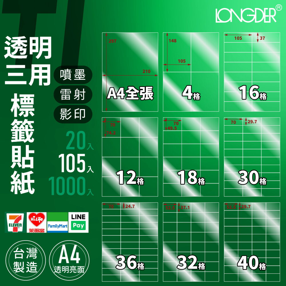 有發票【A4 透明三用 105入】TI型 龍德標籤貼紙 適用噴墨 雷射 影印 不防水 標籤紙 電腦標籤 臺灣製 透明標籤