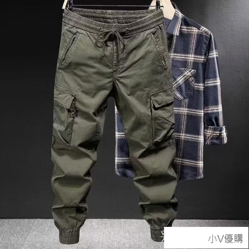 M-5XL 韓版時尚工裝束口褲男 抽繩綁帶運動褲 多口袋工作褲 縮口褲 修身長褲 素色休閒慢跑褲 男生褲子
