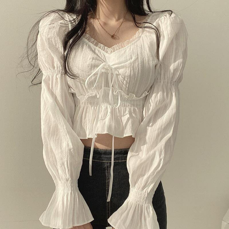 FUXI 韓版方領襯衫女 長袖蕾絲襯衫 甜美荷葉邊上衣 短板上衣 收腰顯瘦上衣 襯衣 女裝 衣服