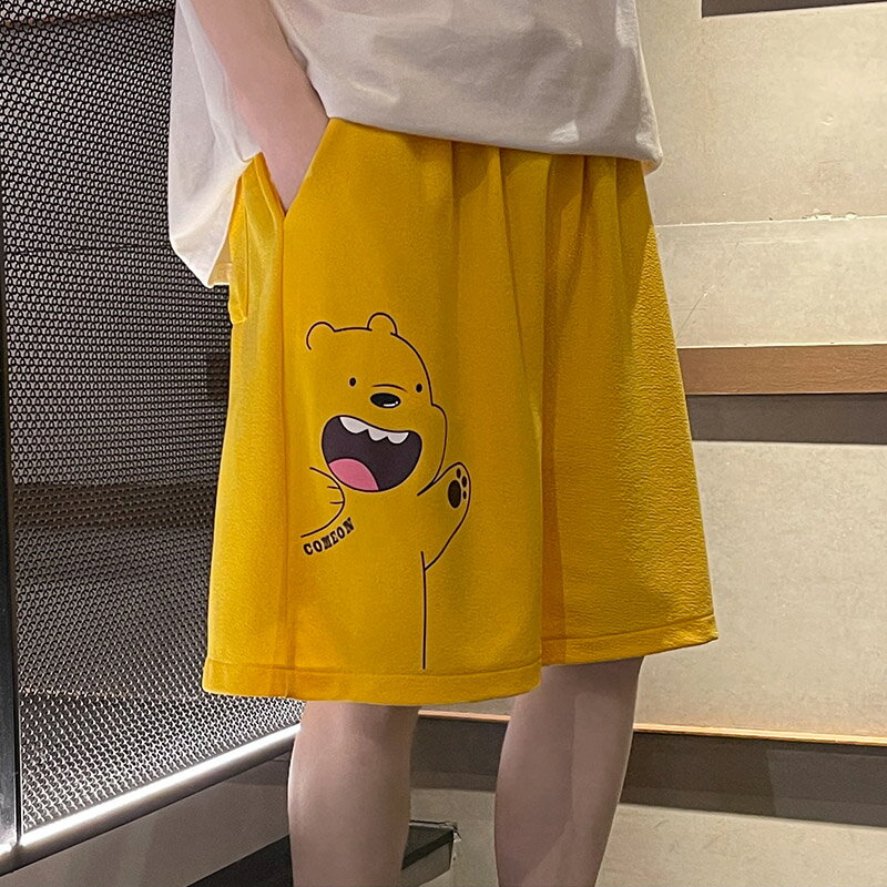 黃色冰絲短褲男夏季薄款寬松小熊印花中學生韓版潮流休閑沙灘褲子