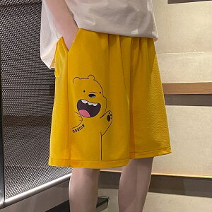 黃色冰絲短褲男夏季薄款寬松小熊印花中學生韓版潮流休閑沙灘褲子