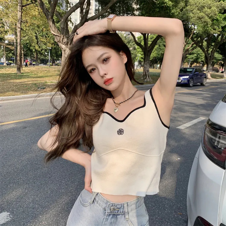 女士背心 小可愛 百搭小吊帶背心 女外穿純欲內搭打底衫 刺繡背心 小香風針織上衣 女生背心【不二雜貨】