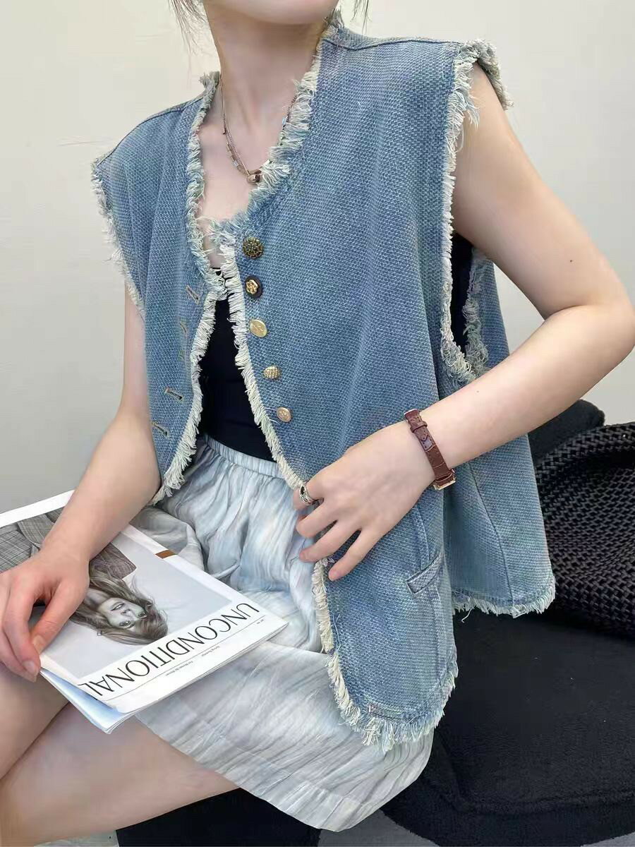 復古毛鬚邊背心-2色 【B393165】