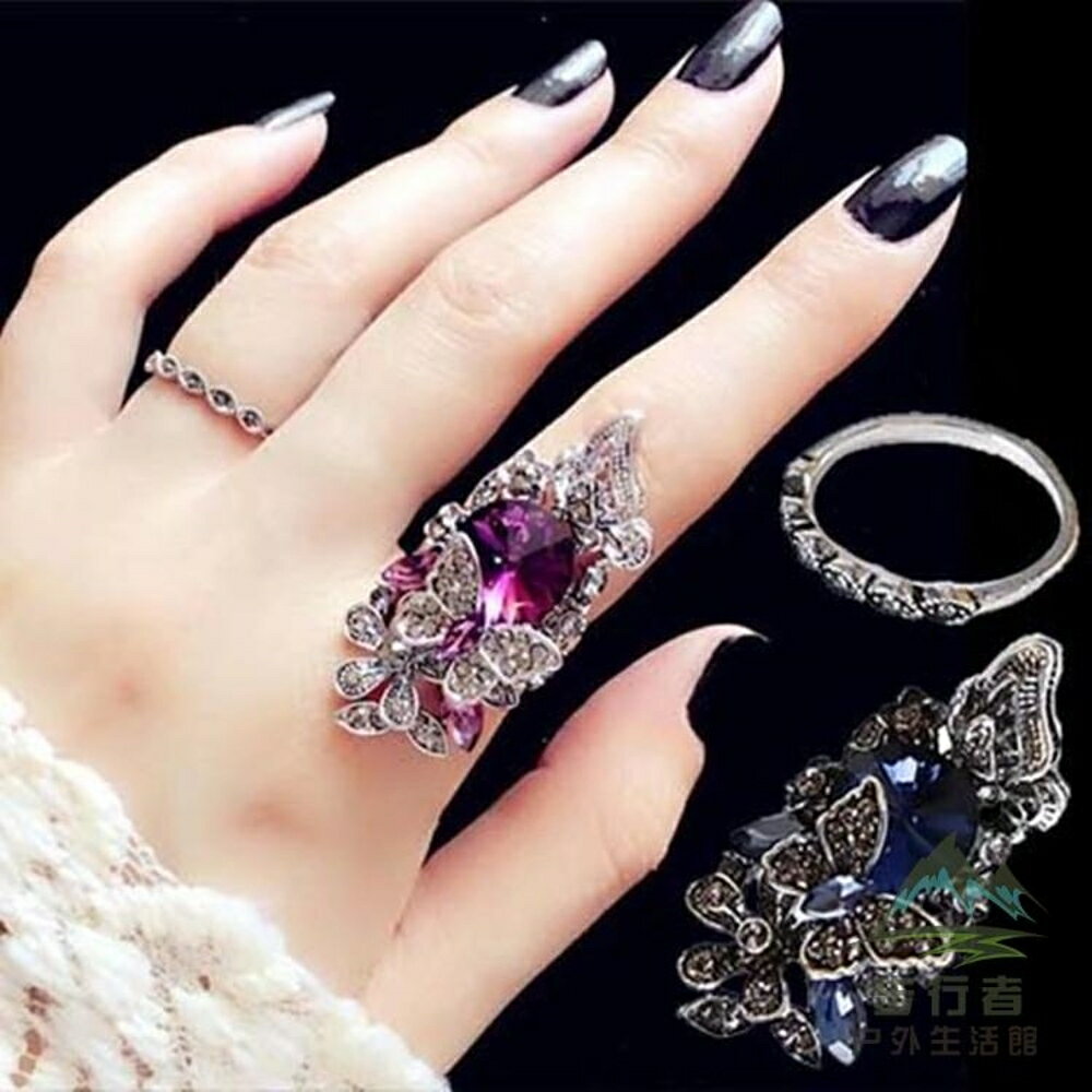 韓版時尚復古食中指指環女鑲鉆水晶裝飾戒指