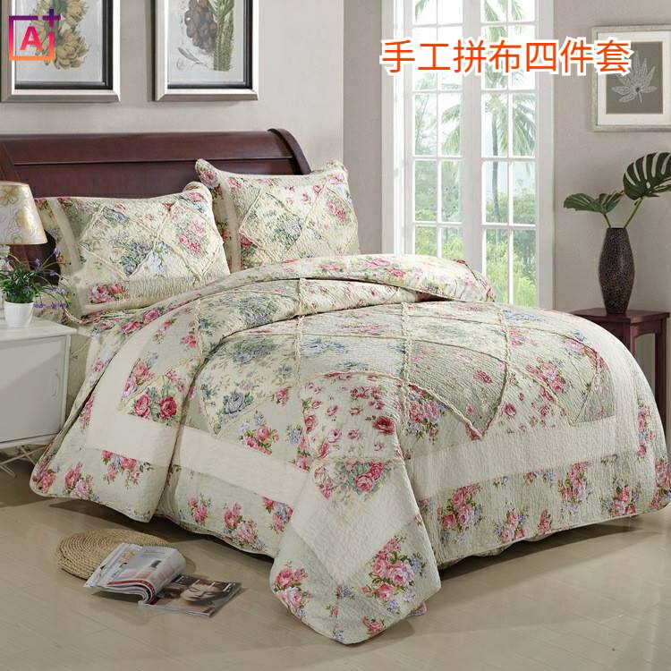 手工拼布四件套 韓式全棉絎縫被三件套 純棉床蓋 雙人 加大 床上用品 床包四件組
