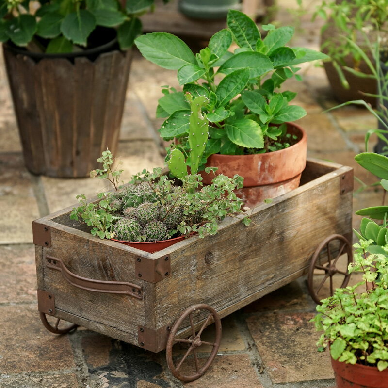克洛伊小拖車花盆花架鐵藝實木美式復古做舊創意花園花房裝飾物品