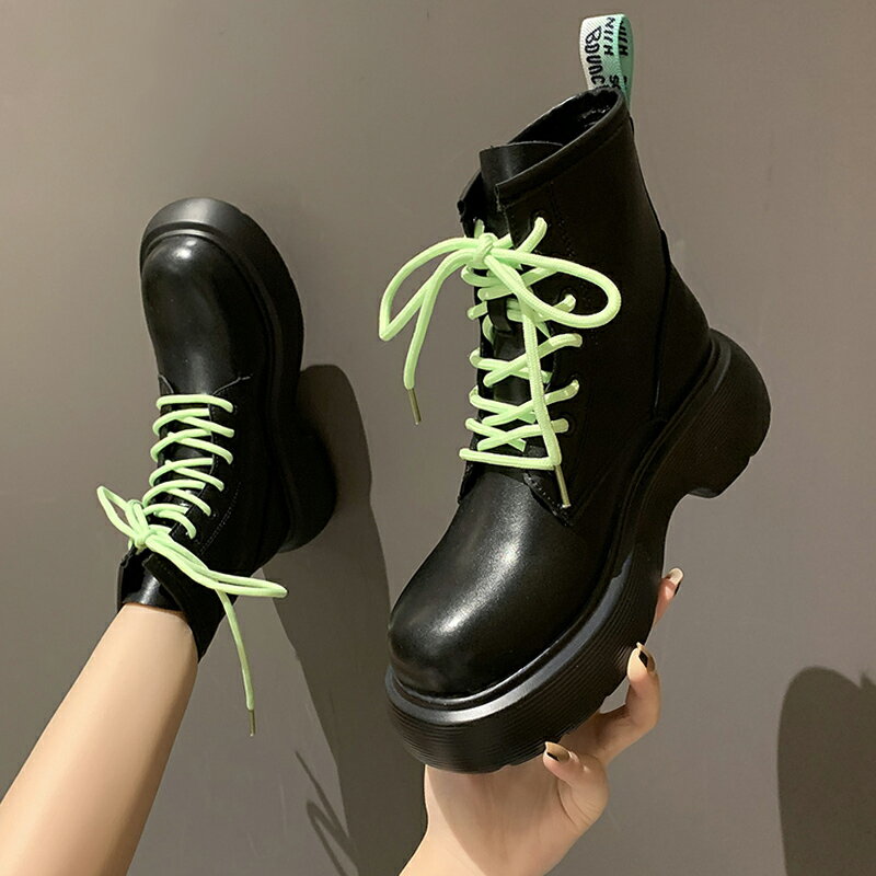 黑色鞋子女夏酷馬丁靴2021年新款系帶高跟小個子網紅厚底增高短靴