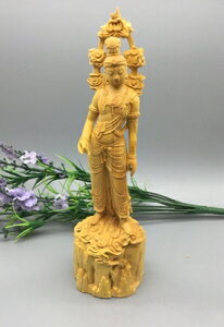小葉黃楊木雕佛像 中式實木家居裝飾雕刻工藝品人物擺件自在觀音1入