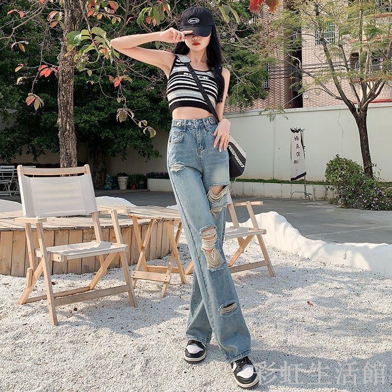 牛仔褲 破洞牛仔褲 彈力 直筒褲 高腰牛仔褲 牛仔褲女 直筒牛仔褲 辣妹 喇叭褲 牛仔長褲 顯瘦牛仔褲