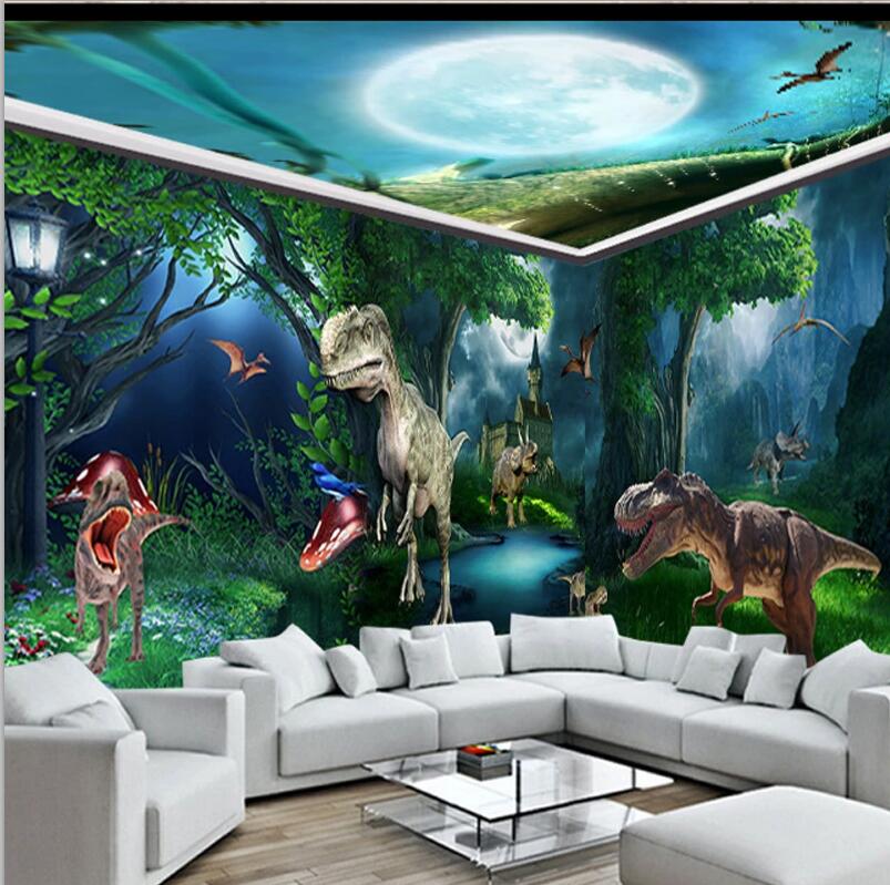 恐龍壁紙男孩主題房間臥室兒童房壁畫3D森林霸王龍三角龍背景墻布