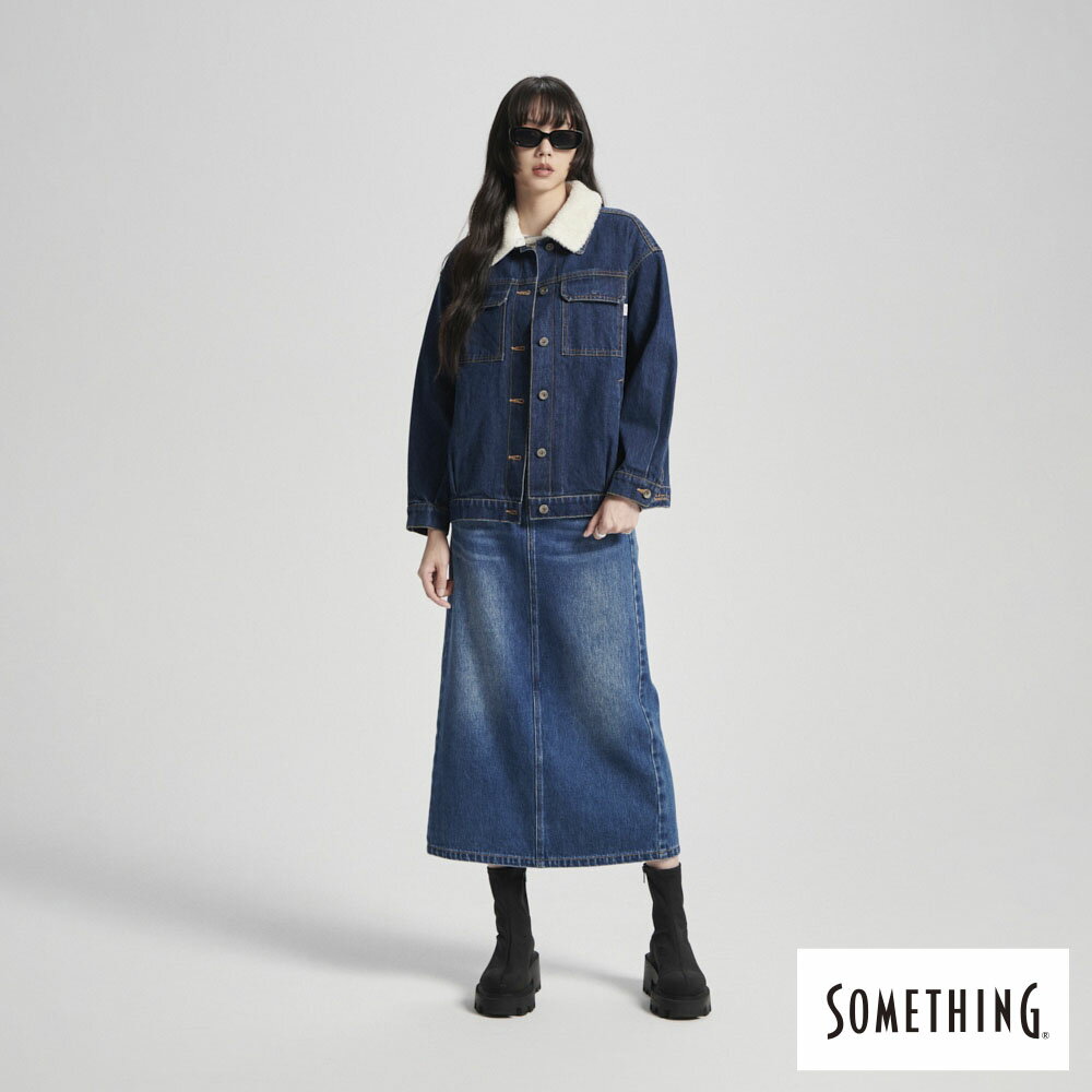 SOMETHING 可拆式毛領牛仔外套-女款 酵洗藍