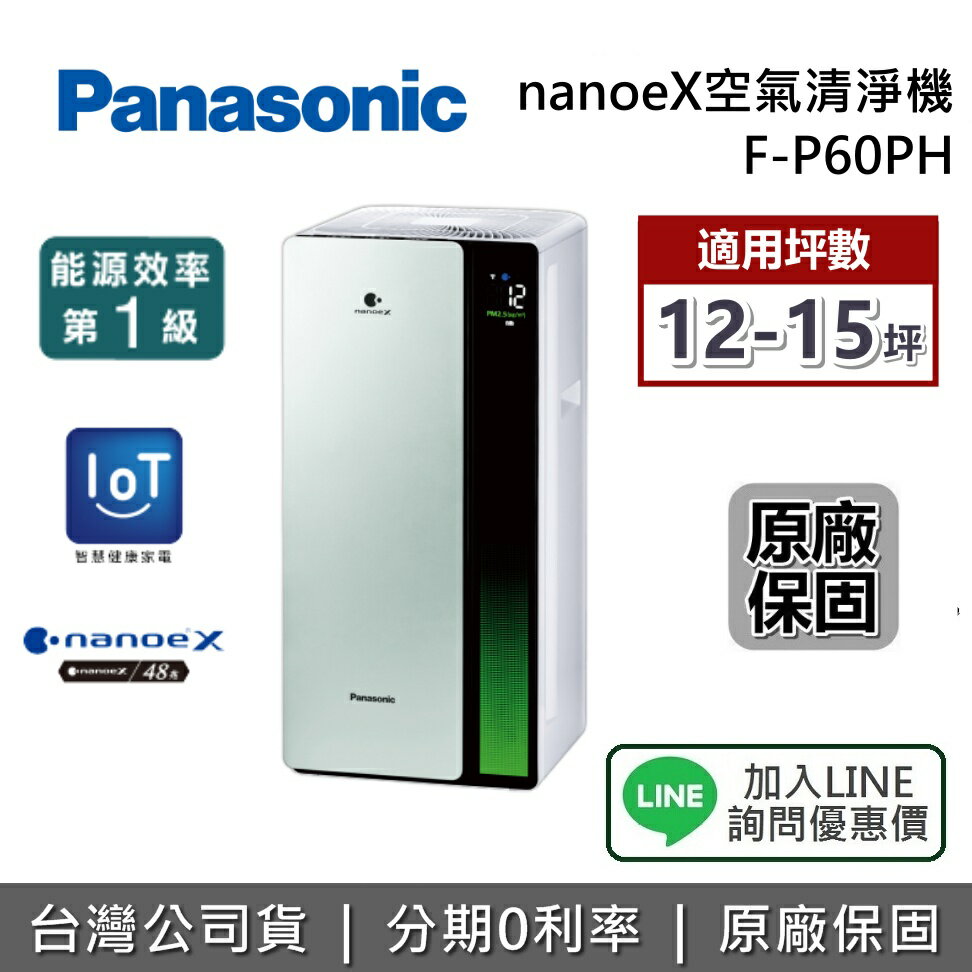 【全館領券再折】Panasonic 國際牌 F-P60PH nanoeX 空氣清淨機 一級能源效率 12-15坪 清淨機 空清機 台灣公司貨