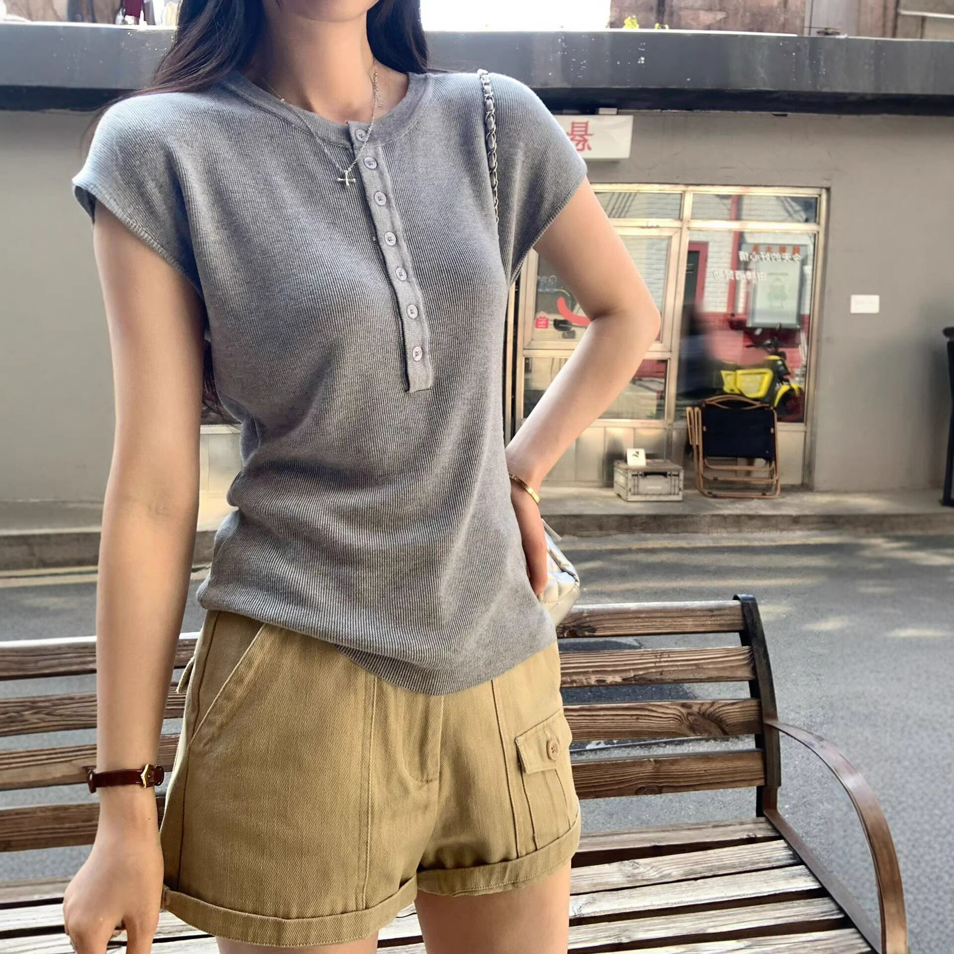 萊賽爾天絲電光藍正肩短袖針織衫女2026夏新款亨利領修身顯瘦上衣#Hi, 貼心優衣家居#